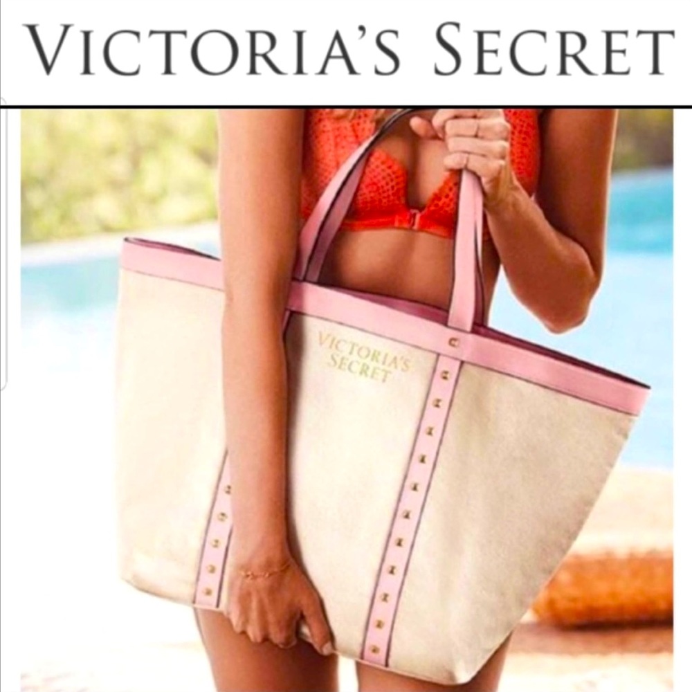Victoria Secret Large Canvas Tote Shoulder Bag Pink Studded Faux Leather